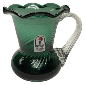 Vintage Pilgrim Glass Mini Pitcher Vase Teal Green Hand Blown 4.5" Art Glass MCM